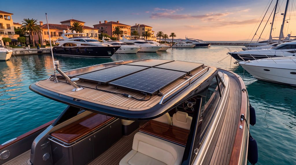 Kit solaire rigide SOLMIRE Max 400 installé sur un bateau de plaisance