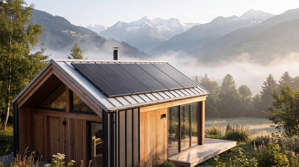 Quatre panneaux solaires SOLMIRE Max 400 sur un chalet hors réseau