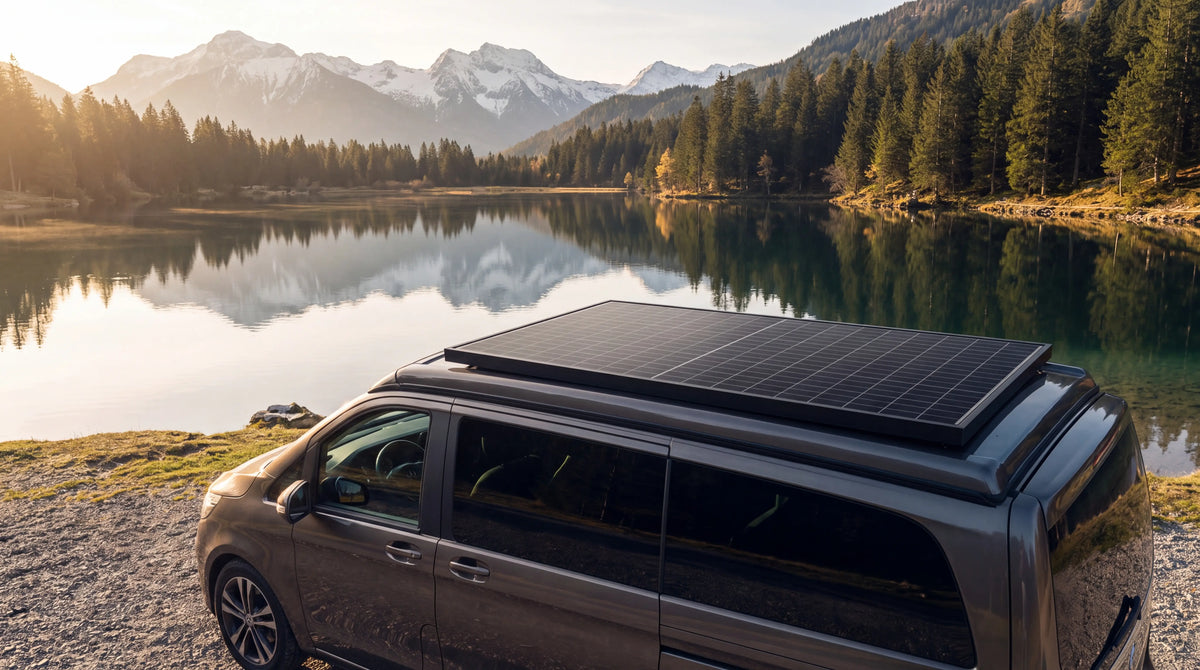 SOLMIRE Essential 100 avec un panneau rigide 100 W installé sur un van premium