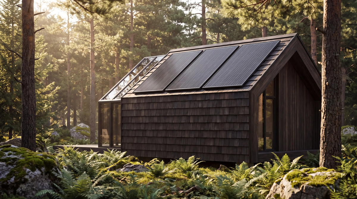SOLMIRE Trio 300 avec trois panneaux rigides 100 W installés sur un chalet hors réseau