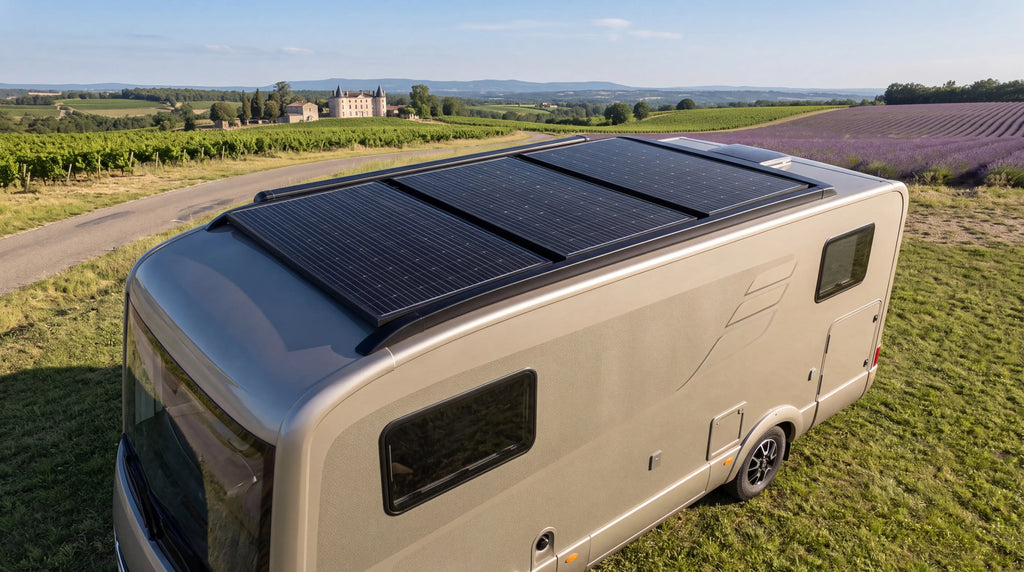 SOLMIRE Trio 300 avec trois panneaux rigides 100 W installés sur un camping-car premium