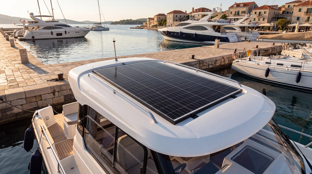 SOLMIRE Essential 100 avec un panneau rigide 100 W installé sur un bateau