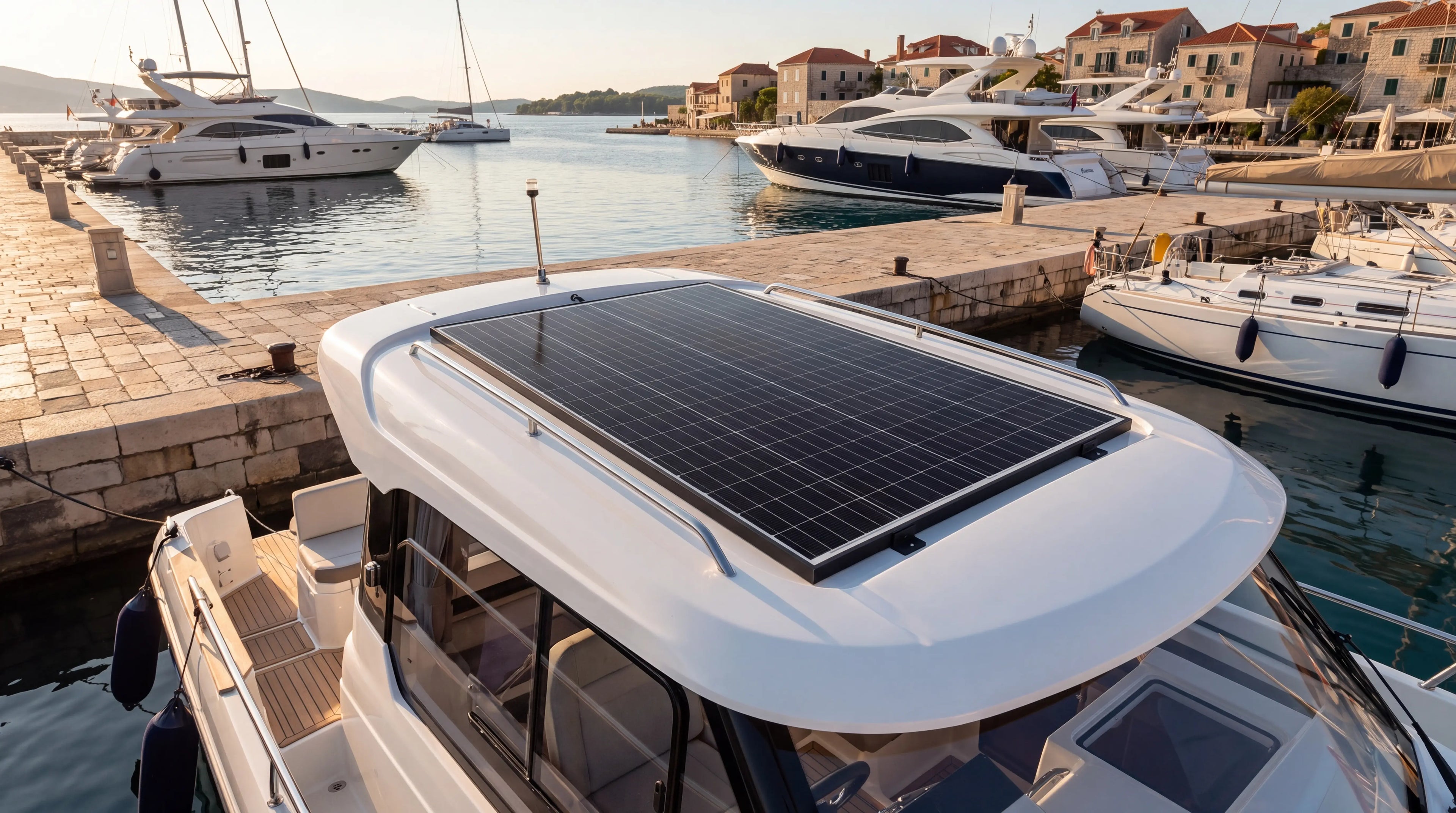 SOLMIRE Essential 100 avec un panneau rigide 100 W installé sur un bateau