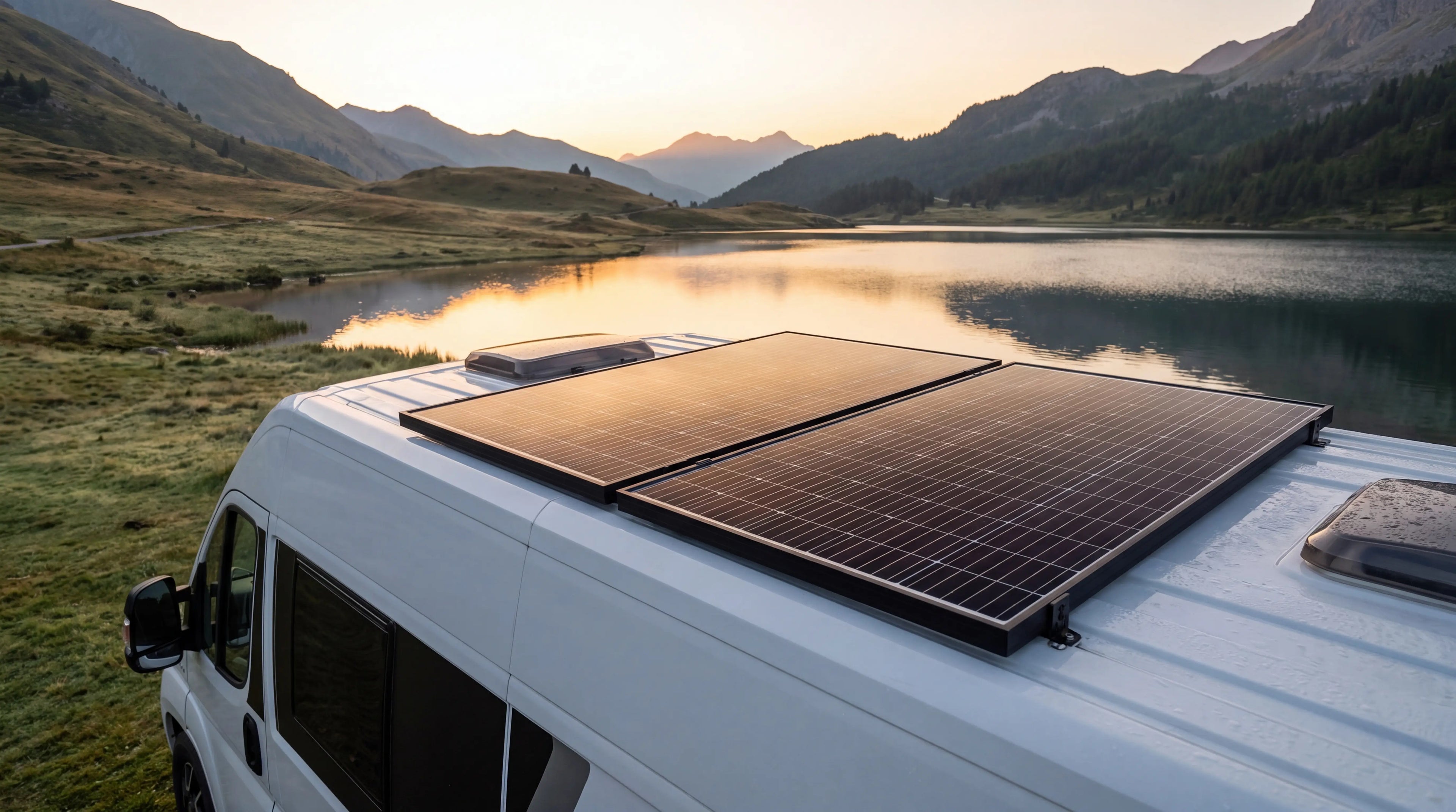 SOLMIRE Duo 200 avec deux panneaux rigides 100 W installés sur un van premium