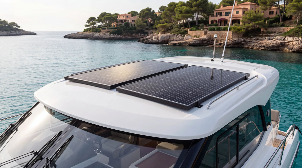 SOLMIRE Duo 200 avec deux panneaux rigides 100 W installés sur un bateau