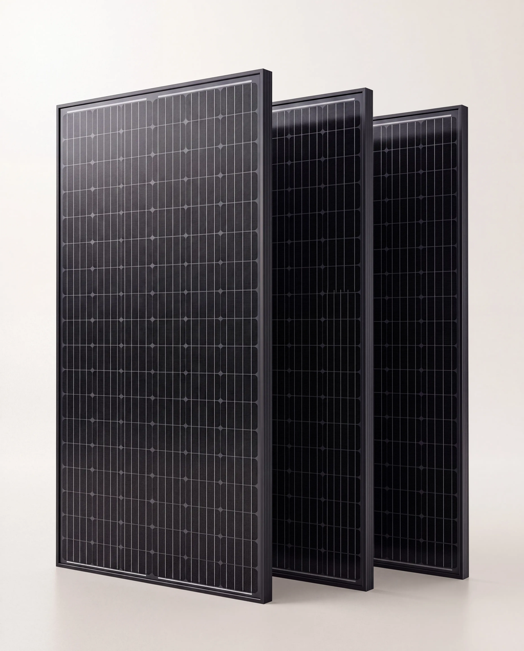 Kit solaire SOLMIRE Trio 300 avec trois panneaux rigides 100 W, packshot studio premium